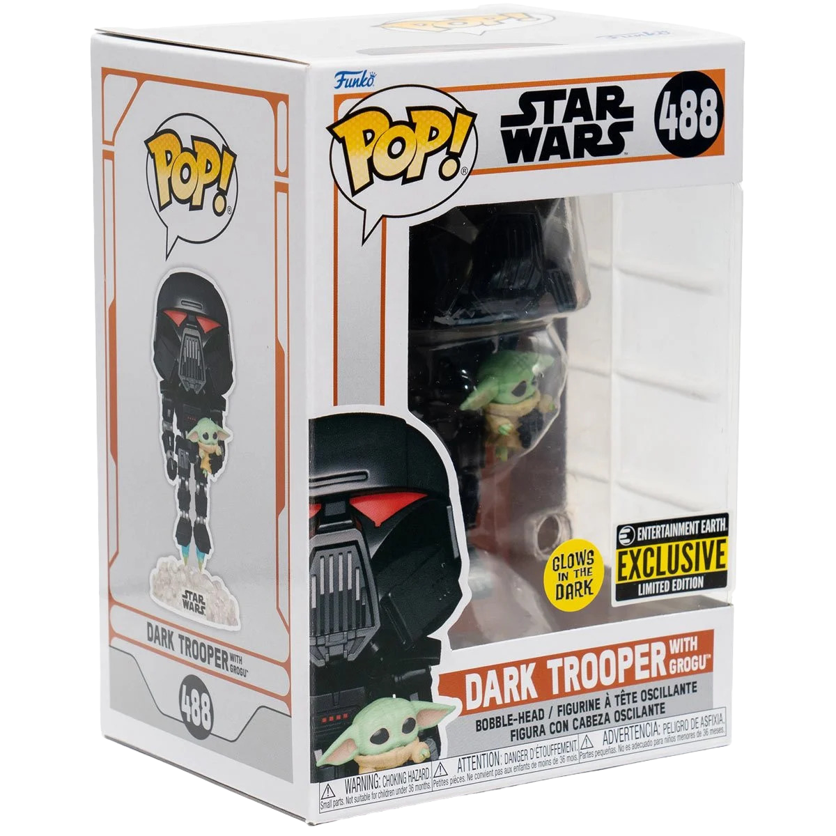 Star Wars: The Mandalorian Dark Trooper with Grogu Glow-in-the-Dark Pop! Vinyl Figure #488 - Entertainment Earth Excl.