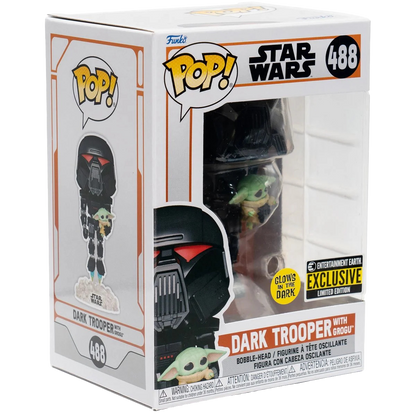 Star Wars: The Mandalorian Dark Trooper with Grogu Glow-in-the-Dark Pop! Vinyl Figure #488 - Entertainment Earth Excl.