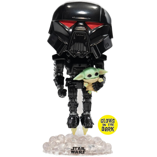 Star Wars: The Mandalorian Dark Trooper with Grogu Glow-in-the-Dark Pop! Vinyl Figure #488 - Entertainment Earth Excl.